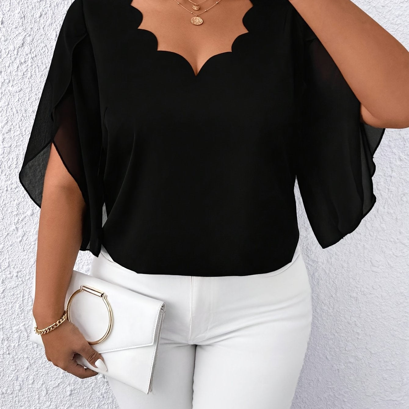 Blouse Femme Grande Taille Élégante – Manches Mi-Longues, Col Classique, Tissu Non Extensible, Tous Saisons