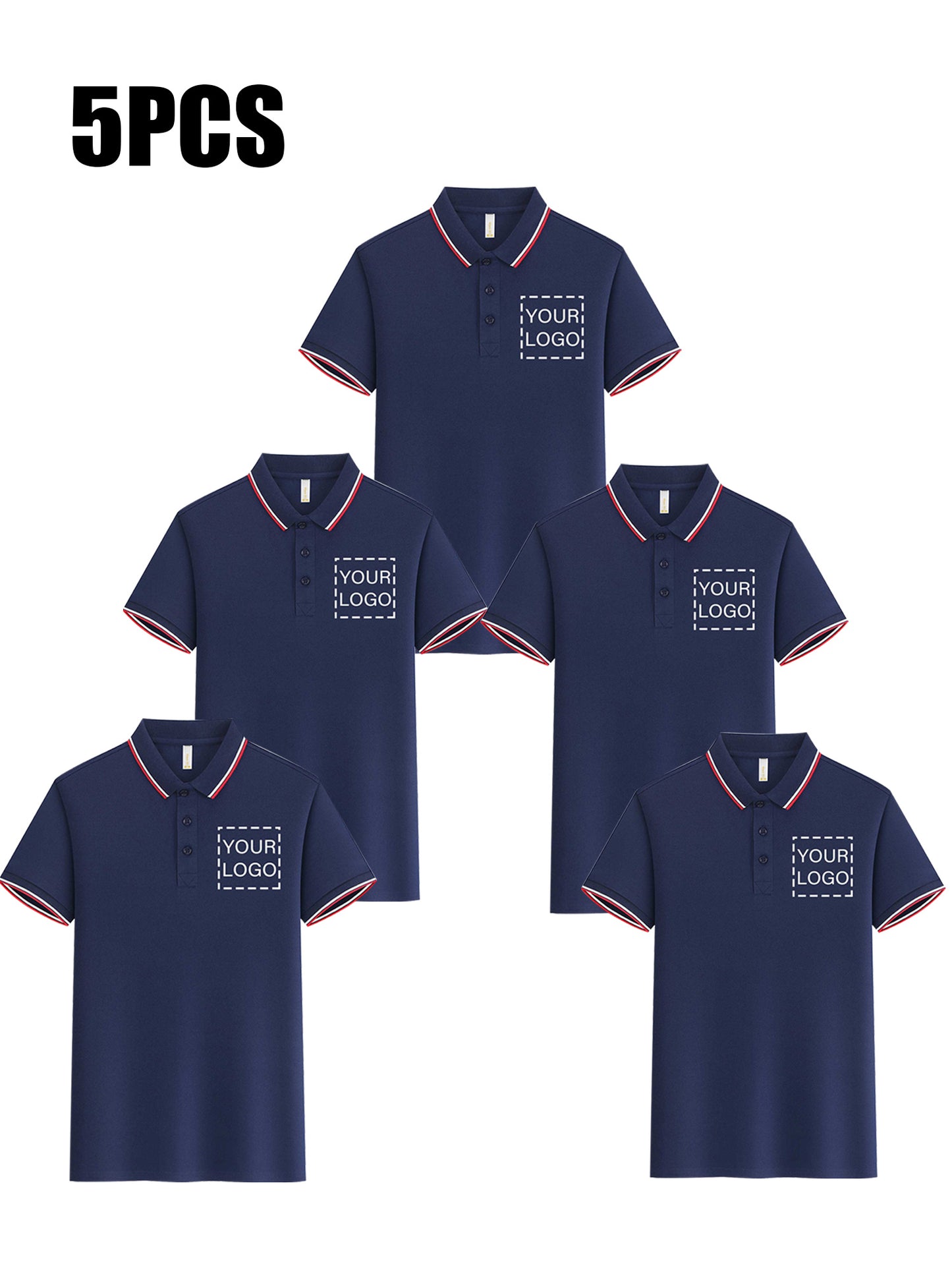 Custom 5pcs, Personalized Logo Print Polo Shirt with a Light Business Style, Made of 100% Polyester, Summer Men'S Striped Short-Sleeve Shirt, Digital Heat Transfer Printing, Casual Outing Fashionable Lapel T-Shirt, Comfortabl