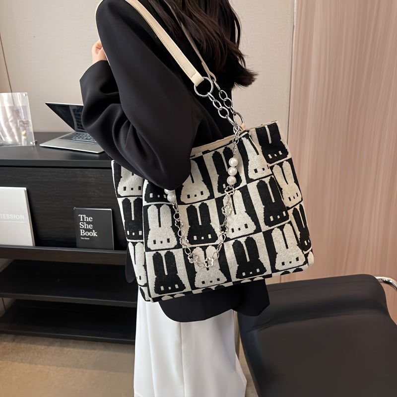 Sac Cabas Chic à Motif Lapin – Grande Capacité, Design Contrasté, Sac Décontracté à Porter à l’Épaule ou Sous le Bras, Fermeture Éclair