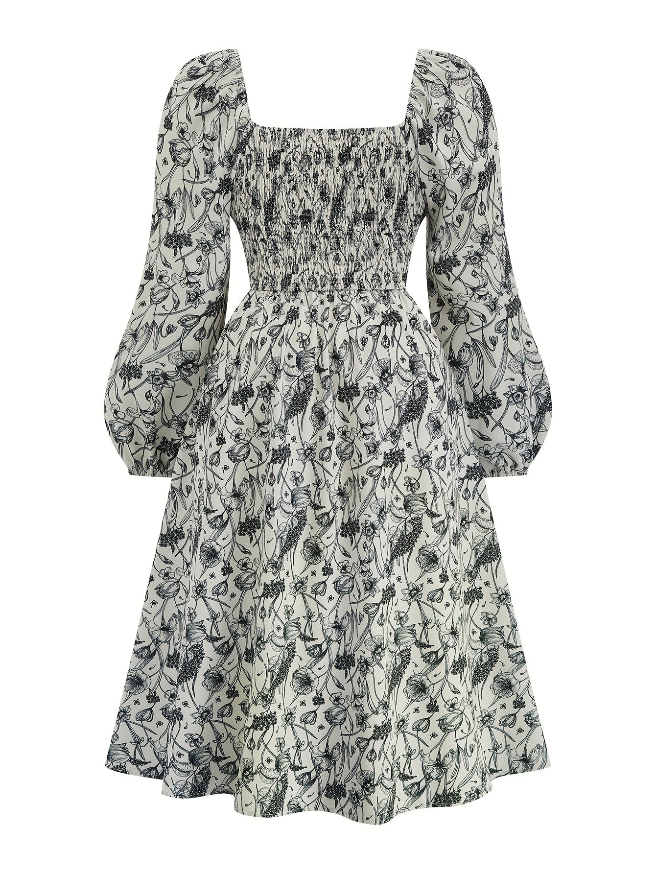 Robe fleurie décontractée élégante femme – col carré, manches, coupe A-line mi-longue avec smocks, coupe ample, printemps/été/automne, vacances et sorties décontractées, matière respirante, mode printemps