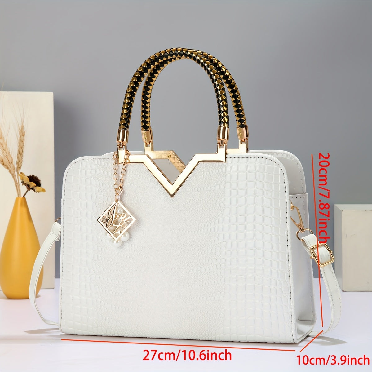 Sac à Main Princesse Nouveau à Motif Croco – Design Haut de Gamme, Portefeuille Élégant avec Décoration Métallique en V, Grande Capacité, Détails Charms Raffinés, Bandoulières Ajustables