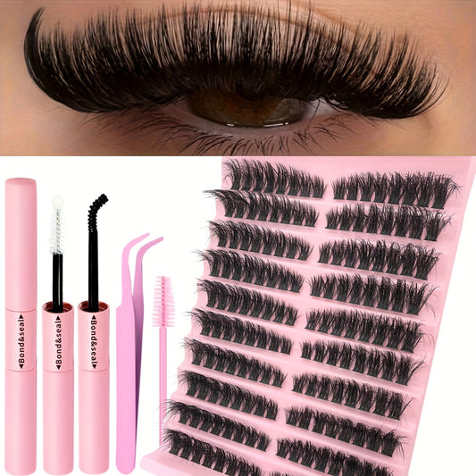 Kit d’extensions de cils avec grappes de cils naturels Wispy, courbure C, cils individuels et grappes pour le bas des yeux, colle waterproof avec scellant et pince, idéal pour application à domicile, effet fluffy naturel