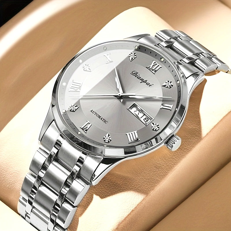 Men'S Automatic Mechanical Watch with Calendar & Date Display, Luminous Hands, Roman Numerals, Stainless Steel Strap & Case, Business Style Luxury Wristwatch, Date Display Watch | Elegant Wristwatch | Durable Watch, W
