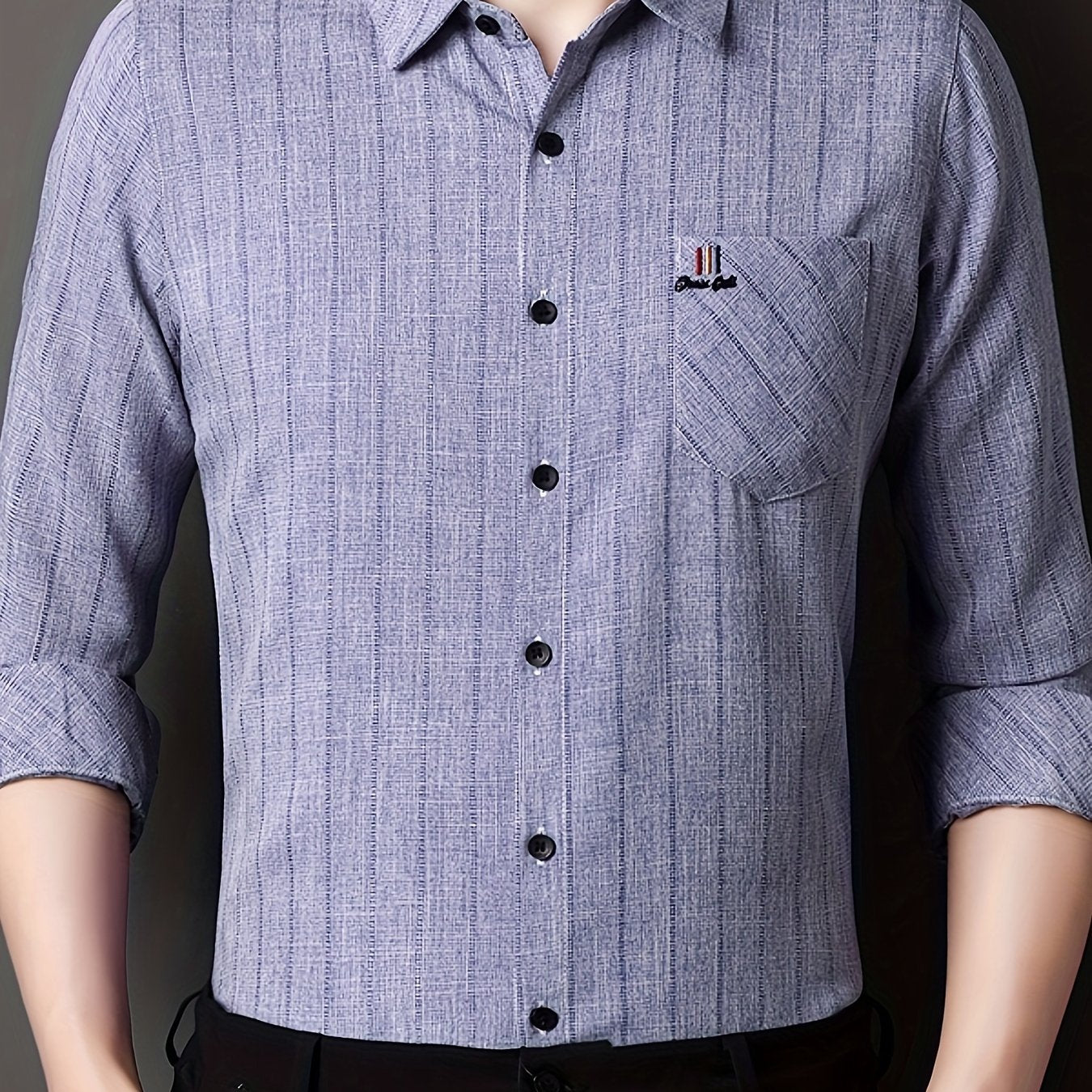 Men'S Striped Shirt with a Chest Pocket, Casual Long-Sleeve Shirt with a Collar.