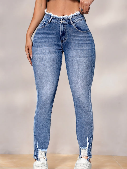 Jean skinny en faux denim pour femme - Jean extensible opaque avec fermeture éclair intégrée, coupe skinny taille mi-haute