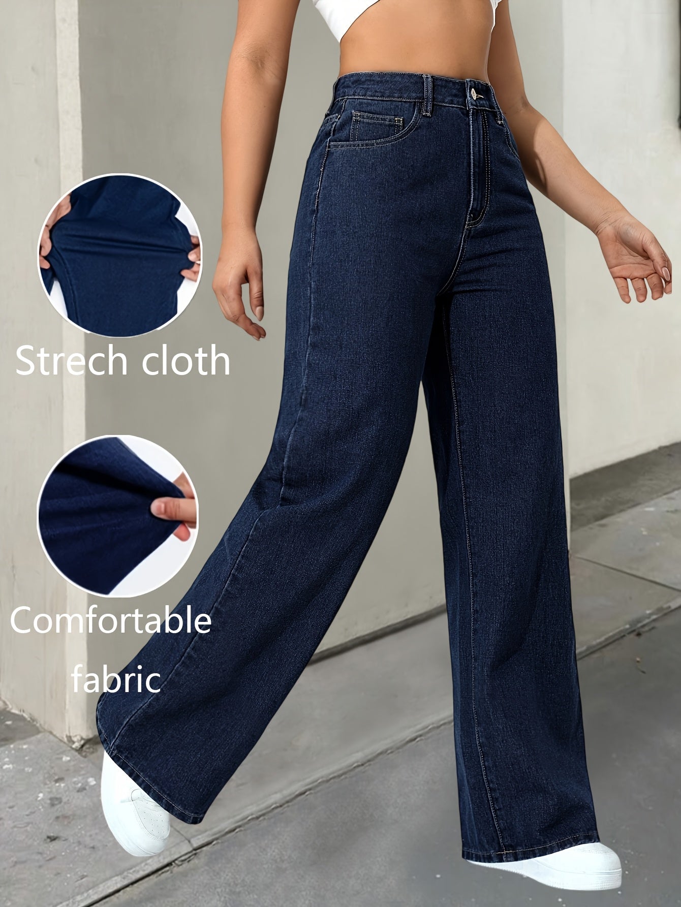 Pantalon Femme Taille Haute en Denim Extensible – Jambe Large, Tissu Confortable, Fermeture Boutons, Coupe Ample, Jeans Polyvalents Toutes Saisons, Idéal Tenue Décontractée, Taille Haute