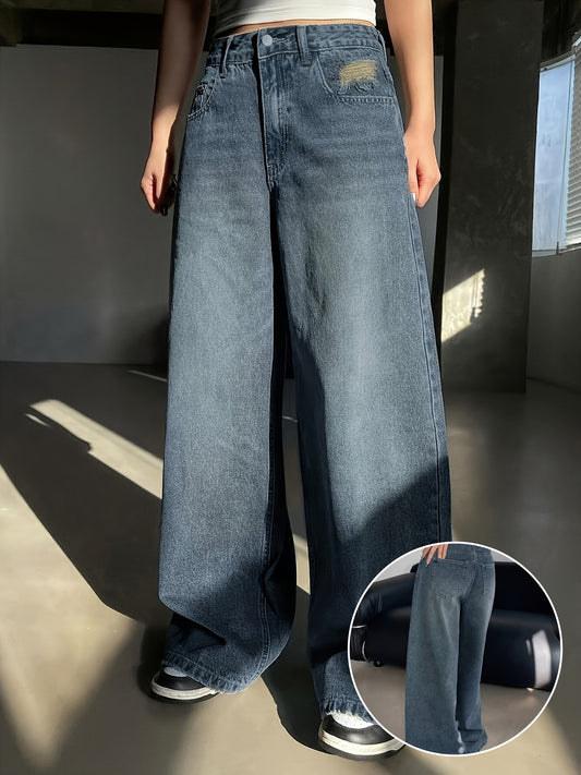 Jeans Femme Grande Taille Jambe Large Décontracté Couleur Unie Denim Effet Usé Extensible Boutons et Zippé Toute Saison