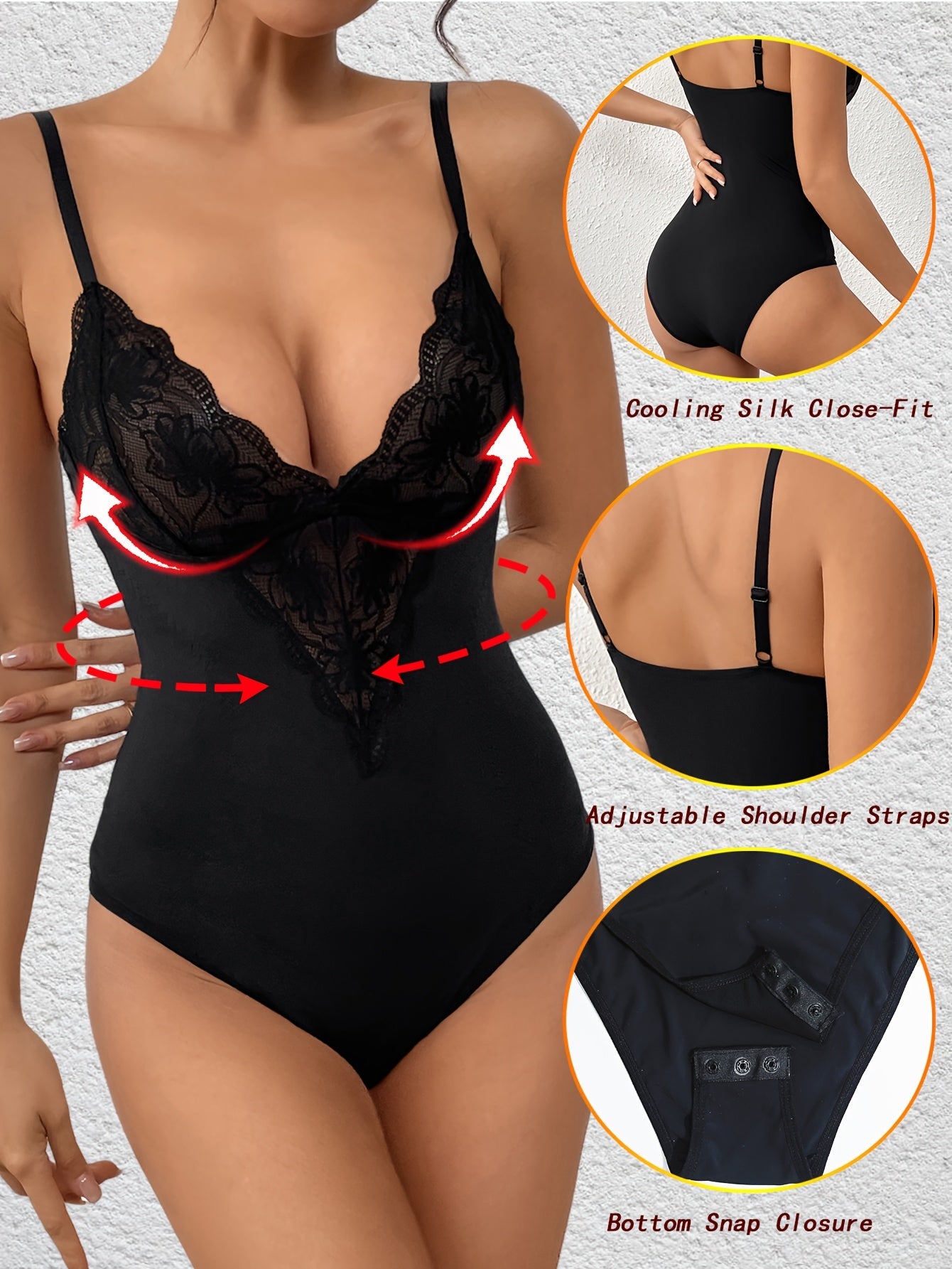 Body sexy femme en dentelle avec décolleté profond en V, détails ajourés et bretelles réglables. Fermeture à boutons-pression pour un confort optimal. Lingerie élégante et galbante, disponible aussi en grande taille