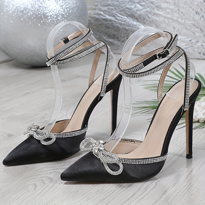 Nouveaux Escarpins Femme – Talons Aiguilles Sexy, Bout Pointu, Nœud Décoratif et Strass, Bride Cheville, Dos Nu