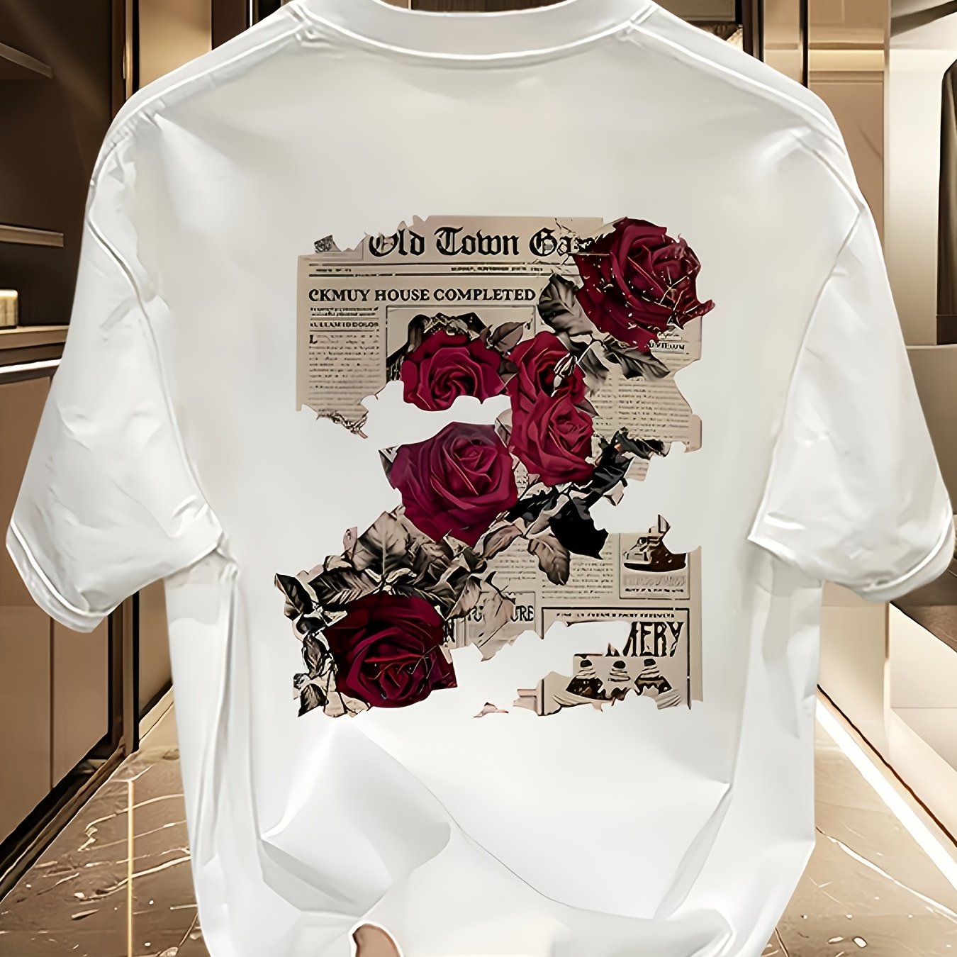 Men'S Heavyweight T-Shirt - Black Graphic Tee with Red Roses & Newspaper Print, Loose Fit Casual Shirt for Everyday & Formal Outfits - Breathable Summer Top for Teens & Adults - Everyday Essential Wardrobe Staple, Relaxed Out