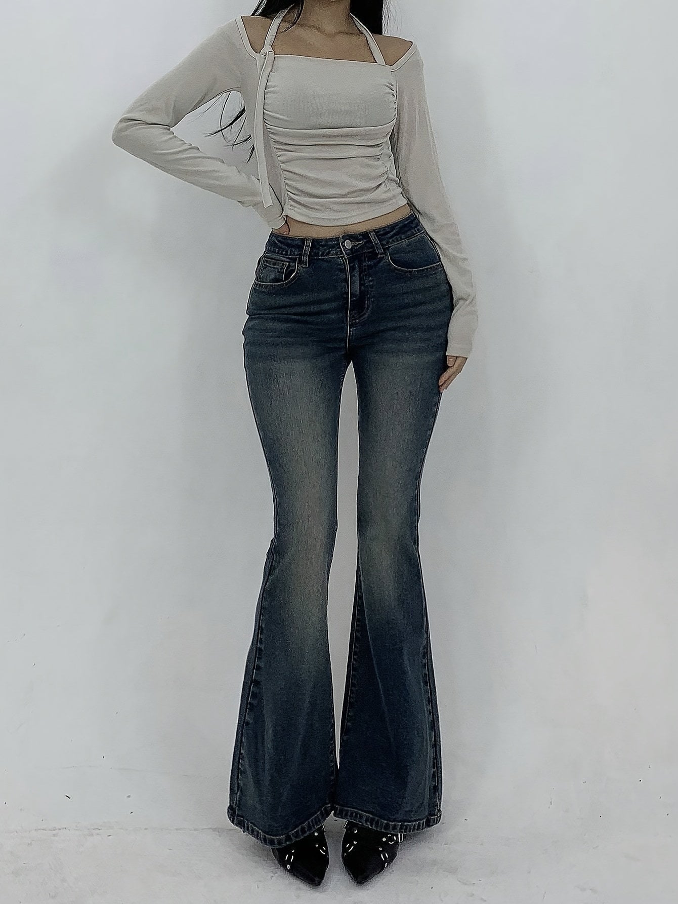 Jeans Femme Sexy Slim-Fit Évasé Extensible Poches Taille Haute Mi-Haute Bleu Clair Printemps/Automne Décontracté