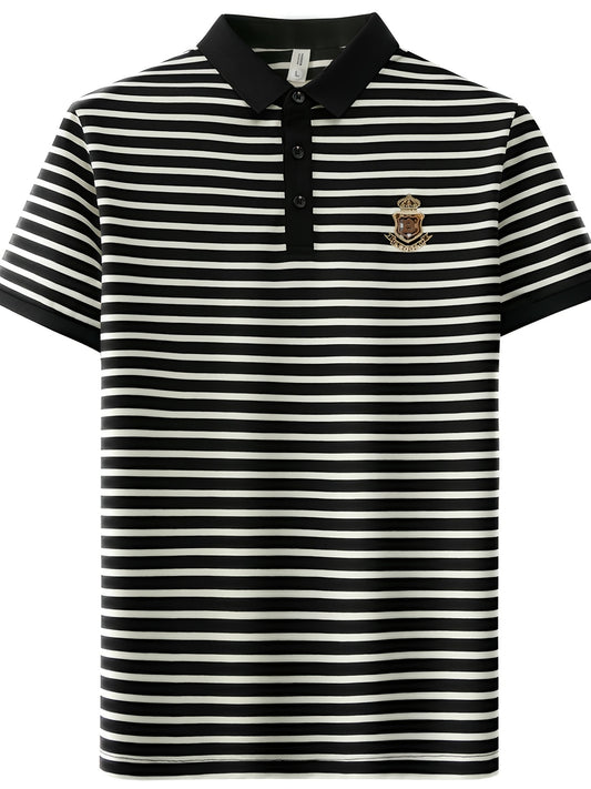 Men's Slim Fit Golf Shirt - Black & White Striped Breathable Short Sleeve with Logo, Button-Up Collar for Outdoor Sports & Casual Wear, Machine Washable