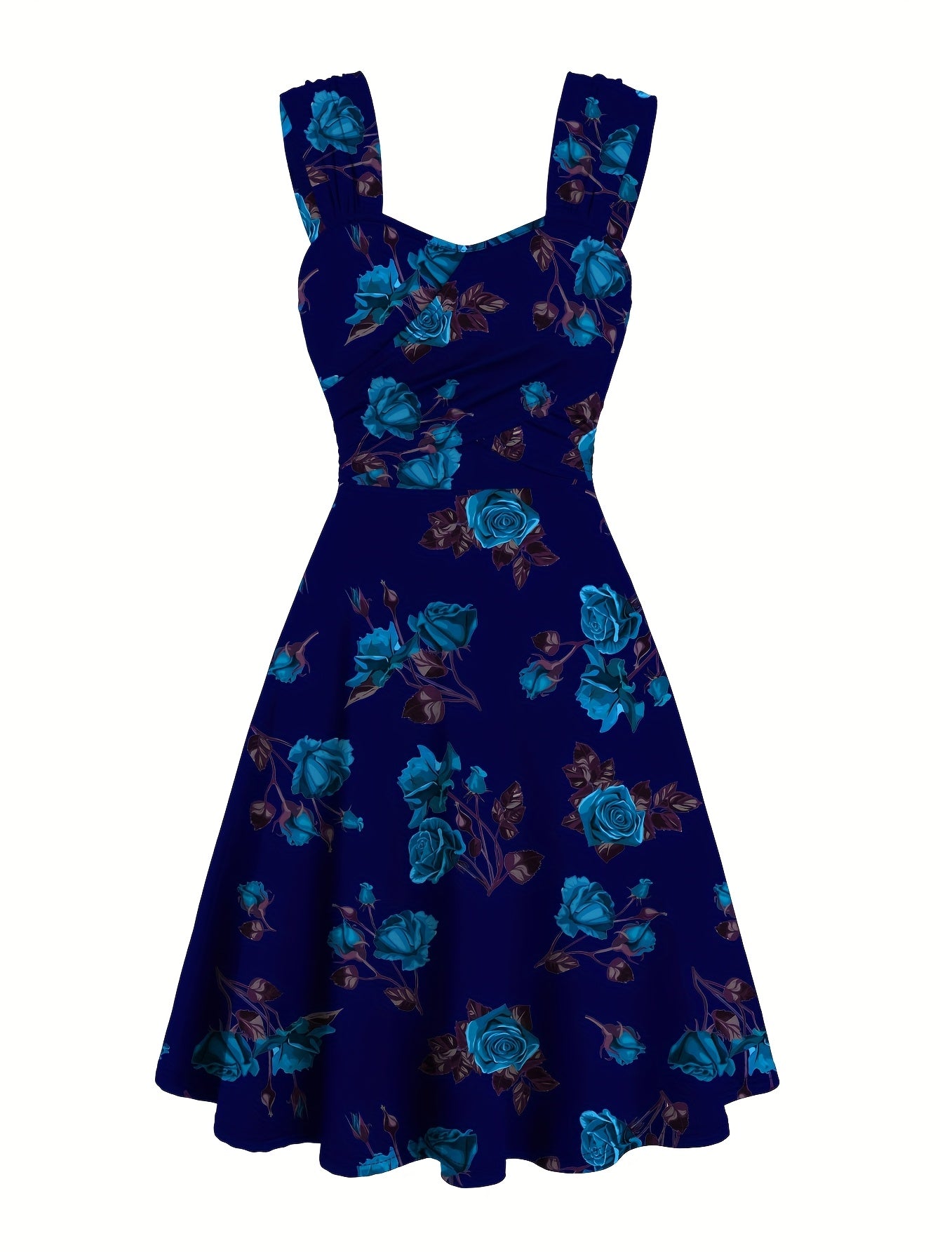 Robe élégante décontractée pour femme, imprimée de roses, plissée sur le devant, à larges bretelles croisées et épaules dénudées