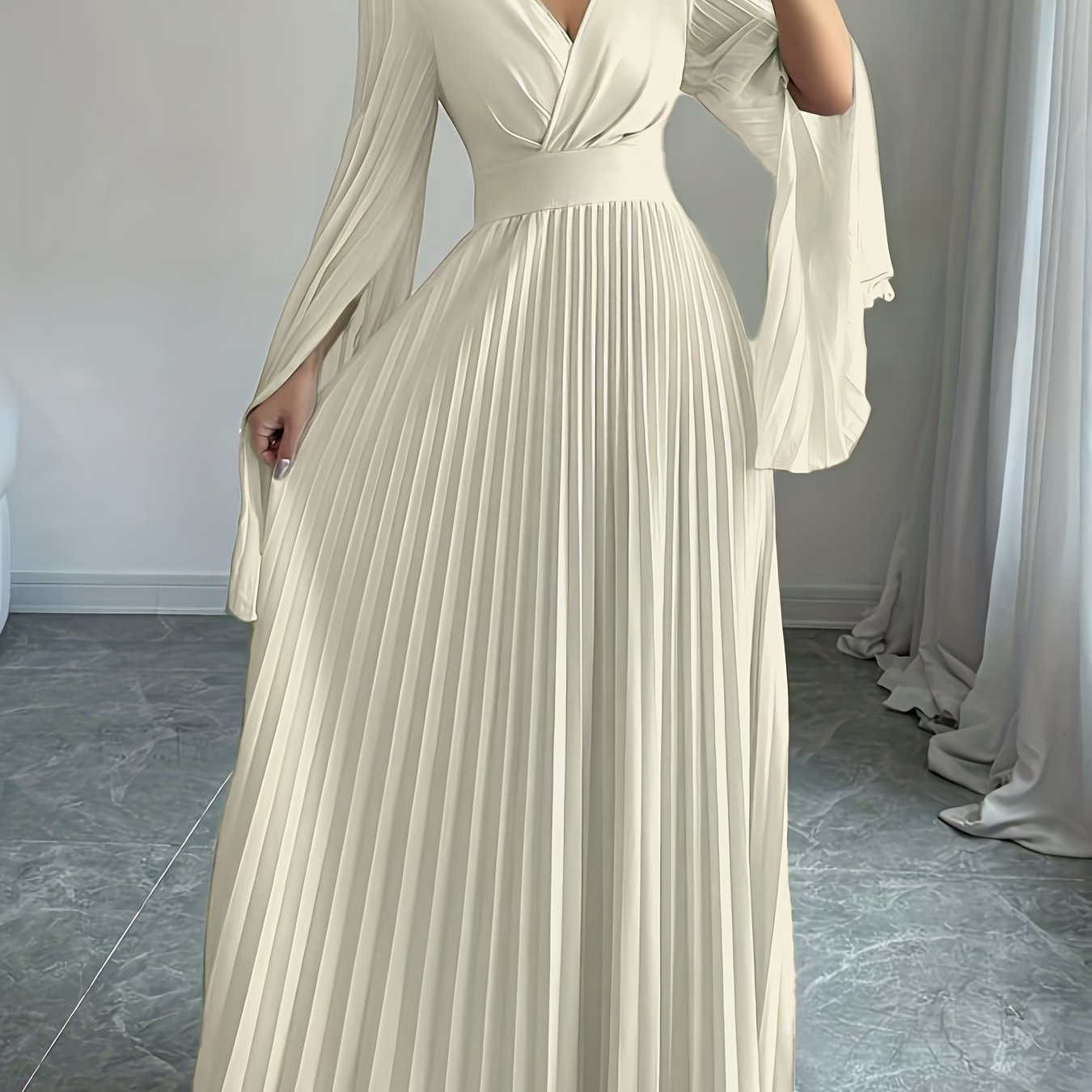 Women's Elegant V-Neck Pleated Open Sleeve Maxi Dress - Fitted Solid Color Machine Washable Spring/Summer Casual & Formal Outfit, Spring Fashion, Quality Craftsmanship