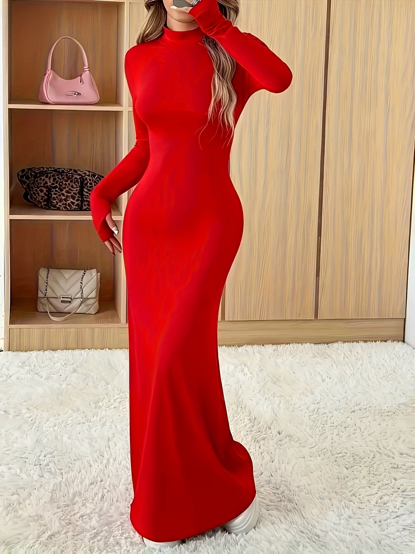 Robe de soirée grande taille femme – longueur au sol, taille haute, manches longues extensibles, coupe A-line, col rond, noire unie, formelle et semi-formelle pour fêtes, mariages et événements professionnels, lavable en machine