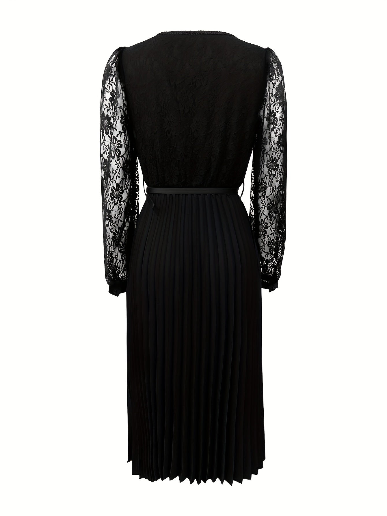 Elegant Long-Sleeve Dress for Women with Lace Patchwork And a Belt, New Autumn Style.