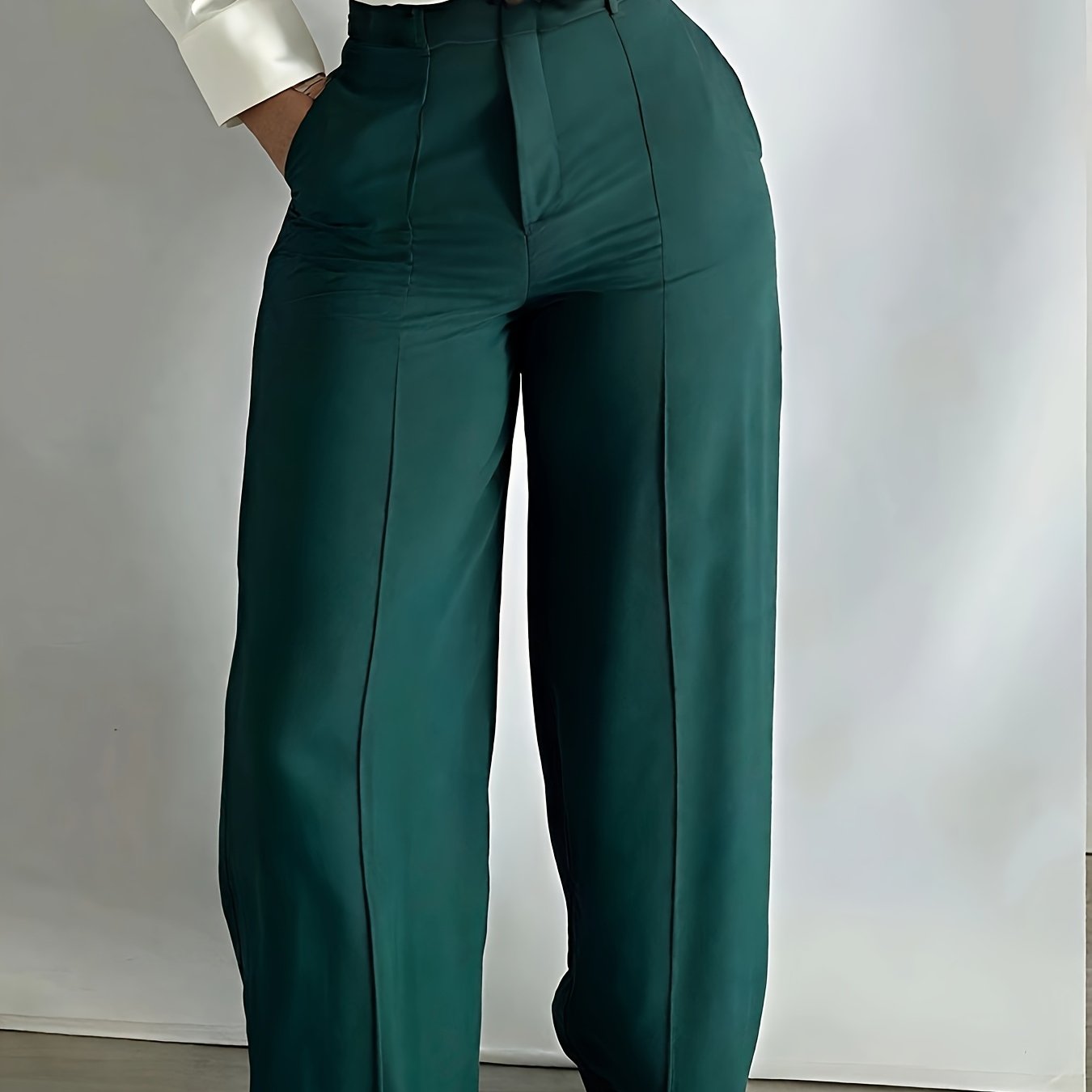 Pantalon Femme Élégant Vert Émeraude – Taille Haute, Jambe Droite, Fermeture Zippée, Sans Ceinture, Décontracté, Printemps/Automne