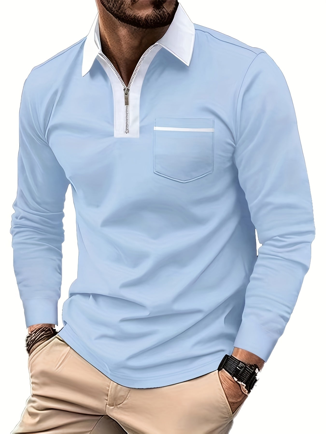Men'S Light Blue Long Sleeve Polo Shirt with Zipper Collar & Chest Pocket - Casual Button-Up Shirt for Spring/Fall, Regular Fit, Solid Color, Spring Fall Apparel | Zipper Collar Shirt | Slight Stretch Fabric