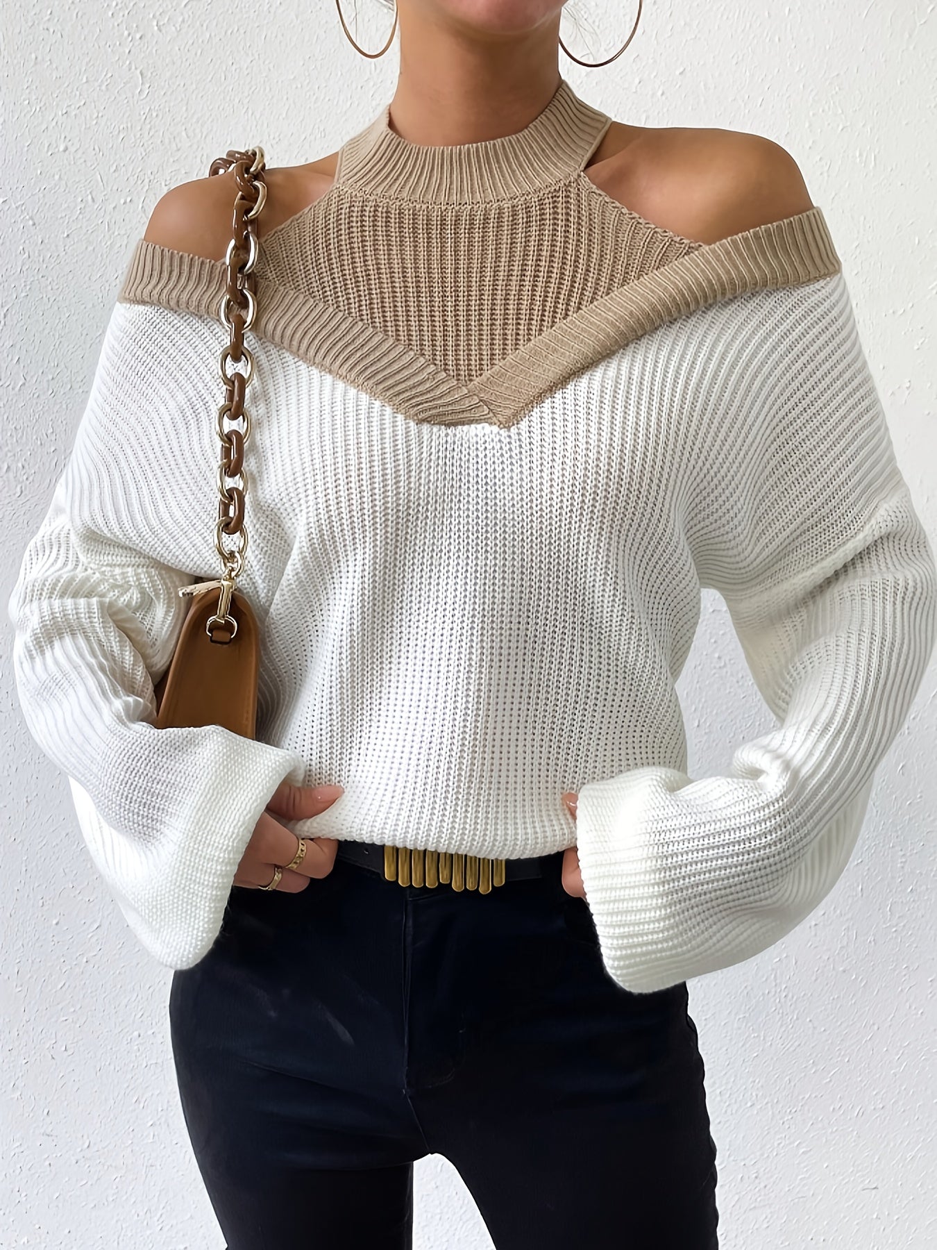 Pull élégant épaules dénudées pour femmes – Manches longues, doux, couleur unie, coupe régulière, automne/hiver, polyvalent casual et formel, lavage à la main ou nettoyage à sec