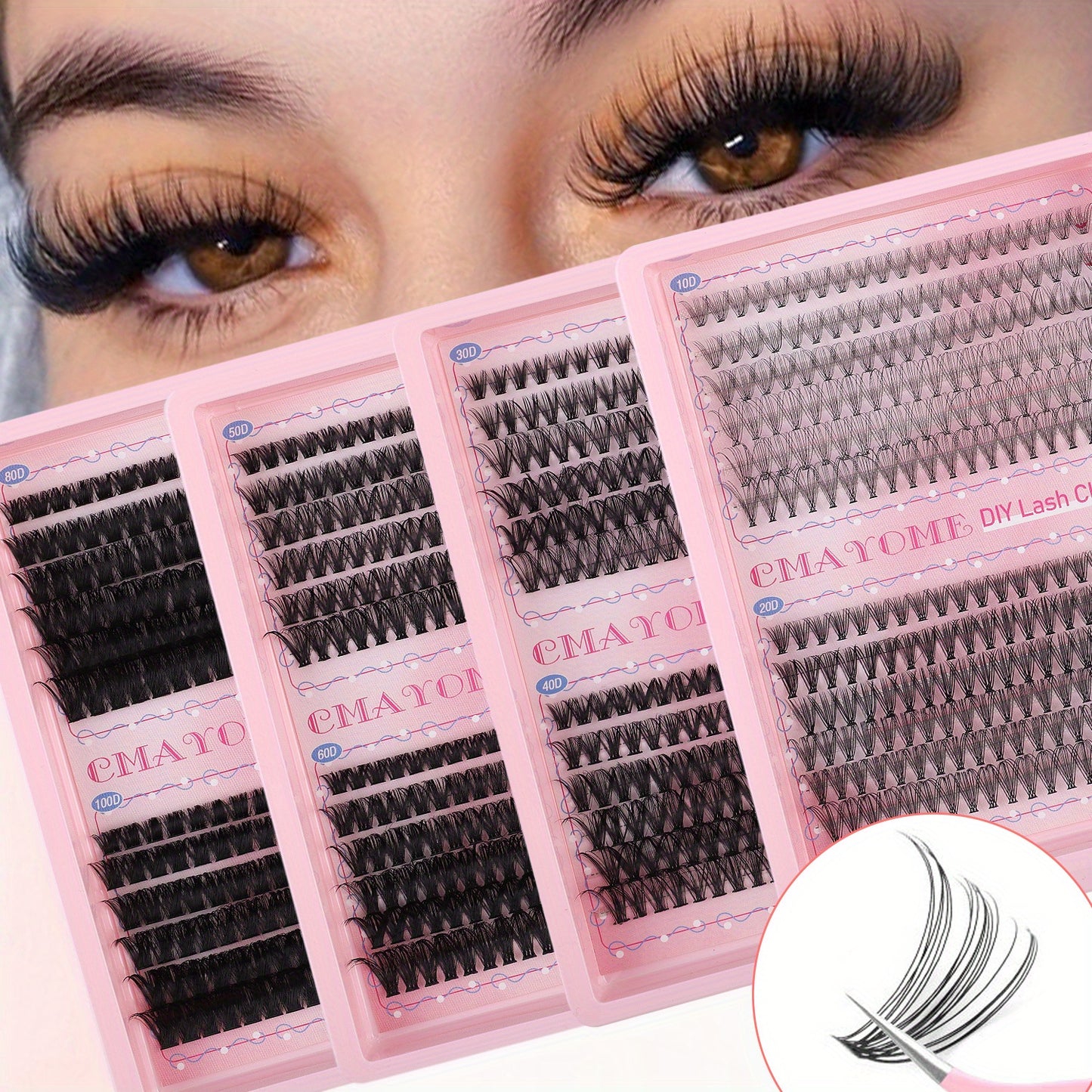 Kit d’extensions de cils DIY – cils naturels style fairy 30D/40D/50D/60D, longueurs mixtes 10-16 mm, courbure D, effet agrandissant les yeux, cils cartoon naturels, colle scellée et pince incluse