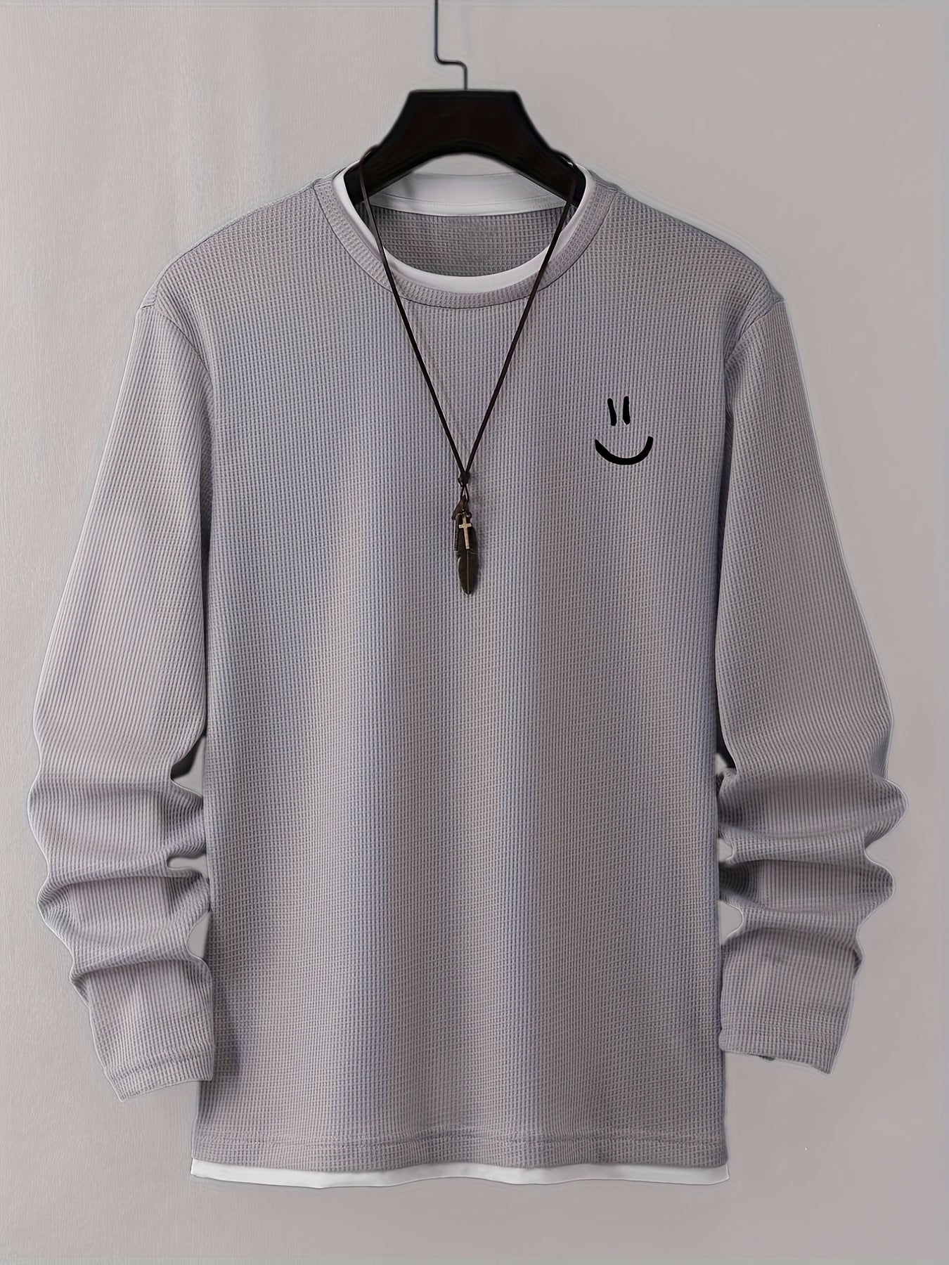 Stylish Cartoon joyful Print Comfortable Sweat-Absorbing Waffle Knit Men's Casual Long Sleeve T-Shirt