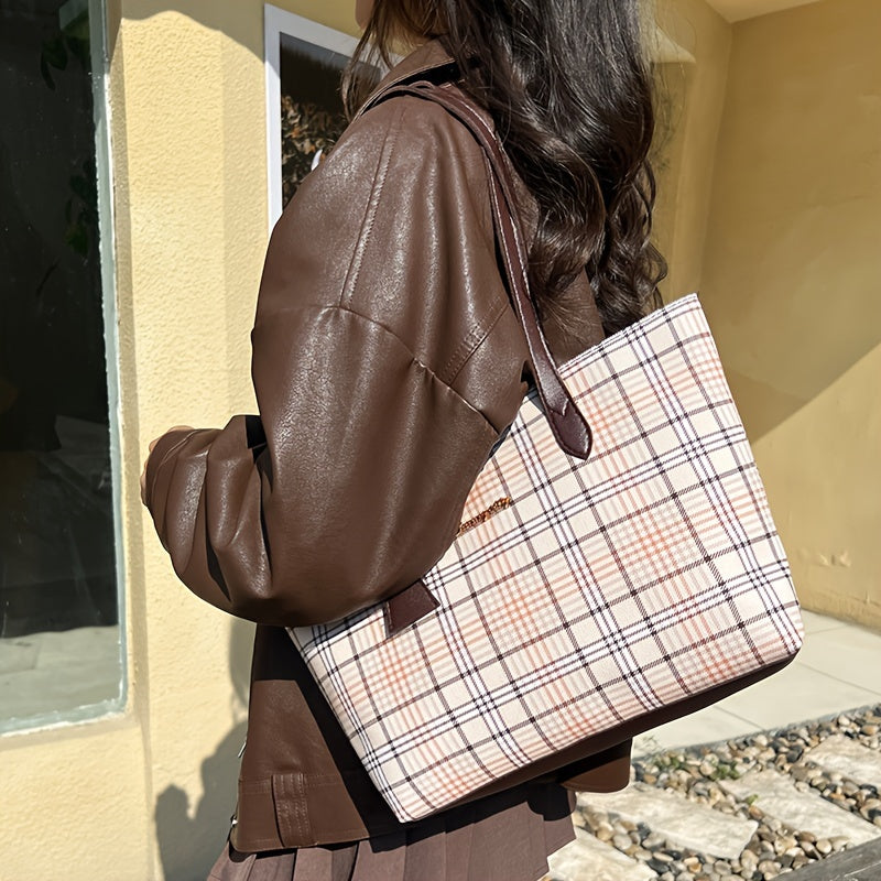 Sac fourre-tout à carreaux pour femmes – grande capacité, léger en PVC, porte-cartes intégré, style professionnel polyvalent, bandoulière, idéal pour courses et usage quotidien