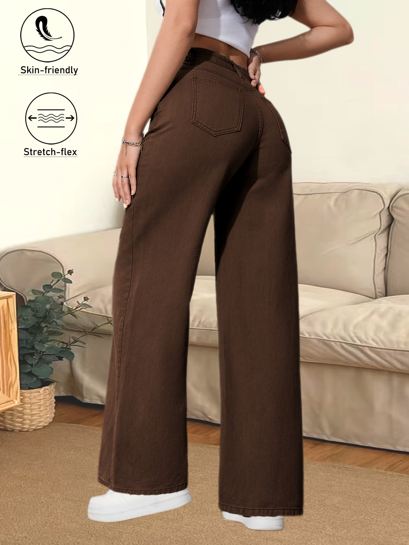 Jeans Femme Marron Café Jambe Large Poches Multiples Boutons Taille Mi-Haute Extensible Toute Saison Polyvalent Confortable Élégant