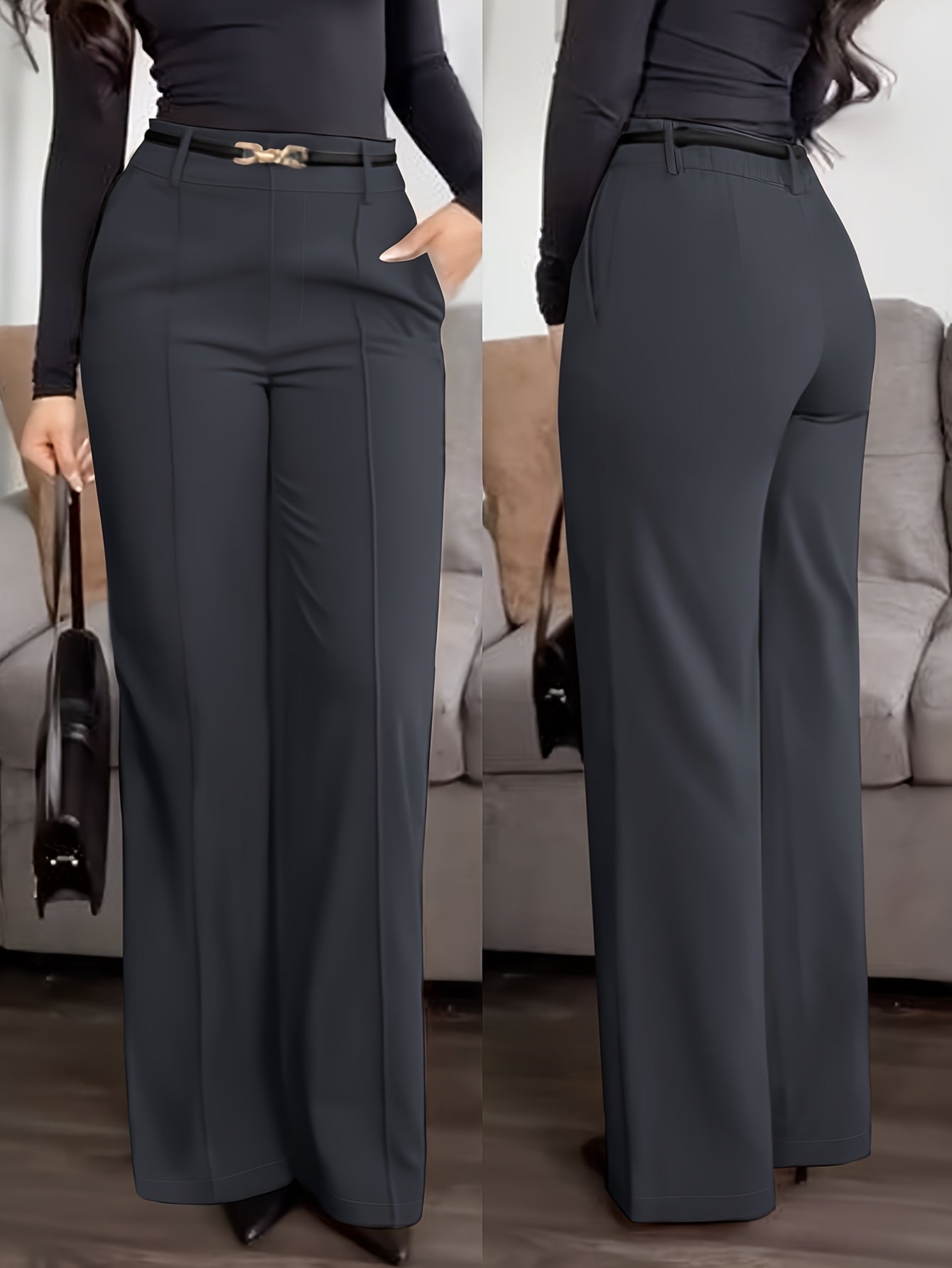 Pantalon Femme Élégant Jambe Large avec Ceinture – Style Bureau et Décontracté