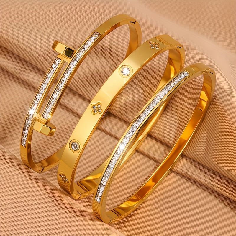 Lot de 3 bracelets en acier inoxydable de luxe léger, sertis de zircon synthétique, design exquis et classique, polyvalents, adaptés à toutes les occasions