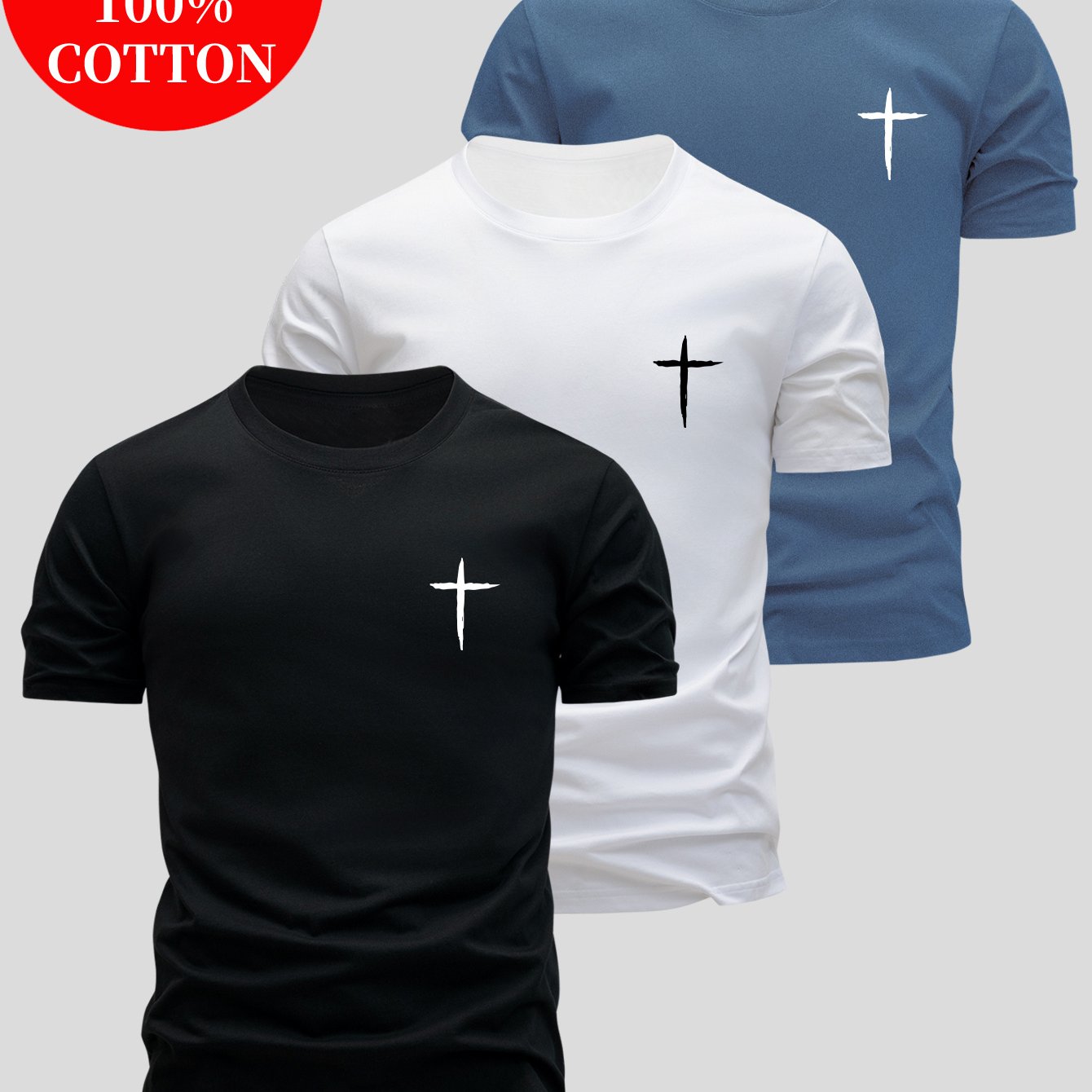 3pcs Men'S 100% Cotton Slim Fit T-Shirts - Breathable Round Neck Short Sleeve Tops with Cross Design, Lightweight & Moisture-Wicking for Summer Casual Wear, Everyday Tshirt | Minimalist Design | Breathable Fabric, Sweat-Resis