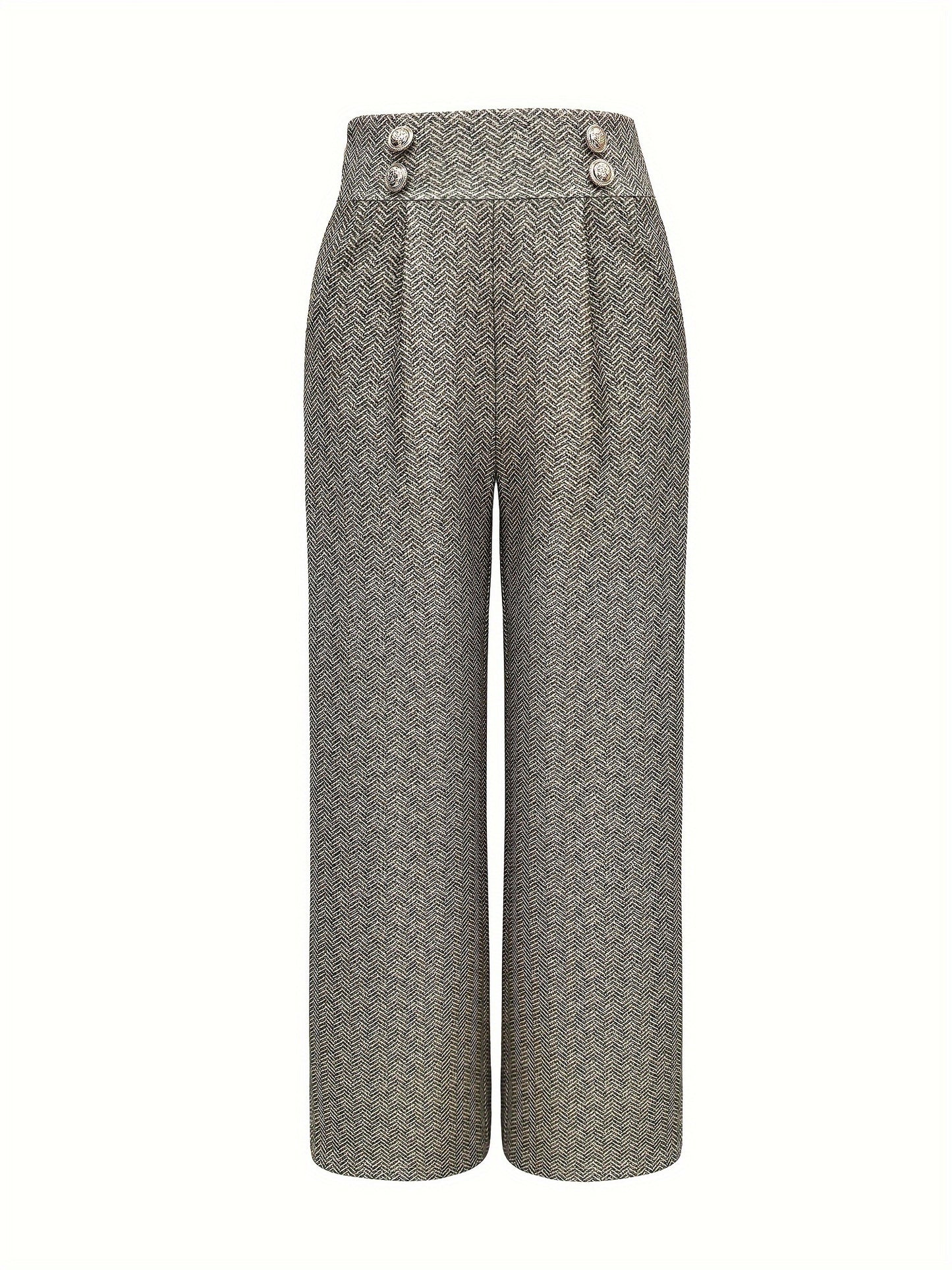 Pantalon Femme Élégant Taille Haute – Jambe Large, Motif Pied-de-Poule, Double Boutonnage, Beige et Noir, Bureau et Décontracté