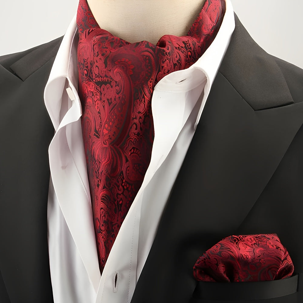 2pcs Ascot Homme – Écharpe et Pochette Style Rétro Britannique pour Mariages et Événements, Motifs Pois/Paisley/Fleur