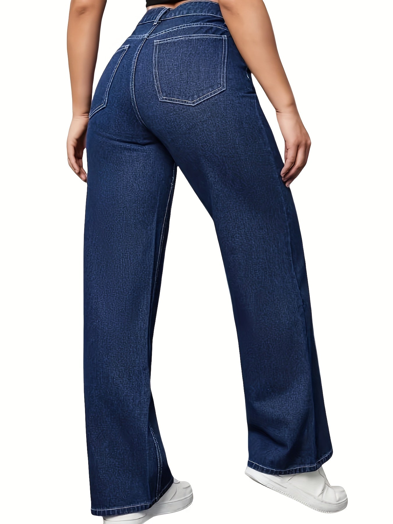 Jeans Femme Grande Taille – Taille Haute, Jambe Droite et Large, Bleu avec Poches Obliques