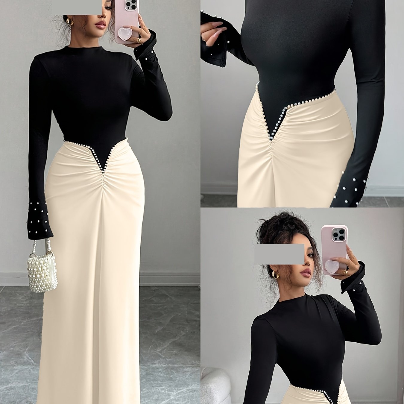 Women's Winter Long Evening Gown with Pearl & Color-Block Collar - Long Sleeve A-Line Dress Suitable for Christmas, New Year's Eve, Weddings, Proms - Elegant Party & Commuting Attire - Machine Washable High Elasticity Dress