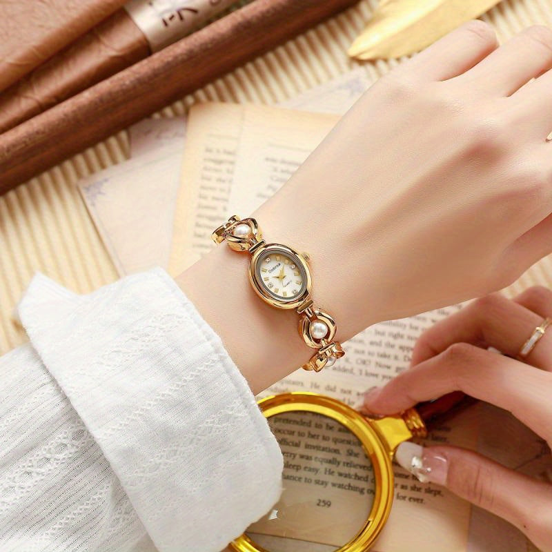 Montre femme vintage, bracelet en alliage doré, mouvement quartz, cadran ovale, détails élégants, cadeau idéal pour la fête des mères, la Saint-Valentin ou occasions spéciales