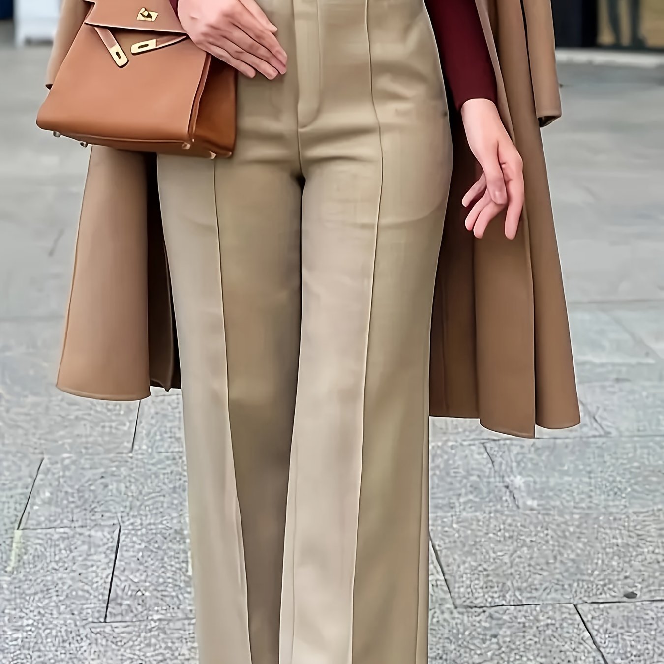 Pantalon Femme Taille Haute – Jambe Large, Extensible, Poches et Fermeture Zippée, Couleur Unie, Tous Saisons