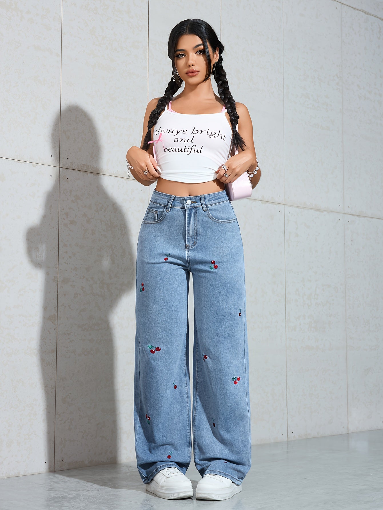 Jeans Femme Jambe Droite Large Faux Denim Broderie Cerise Extensible Effet Usé Confort Toute Saison Décontracté Durable