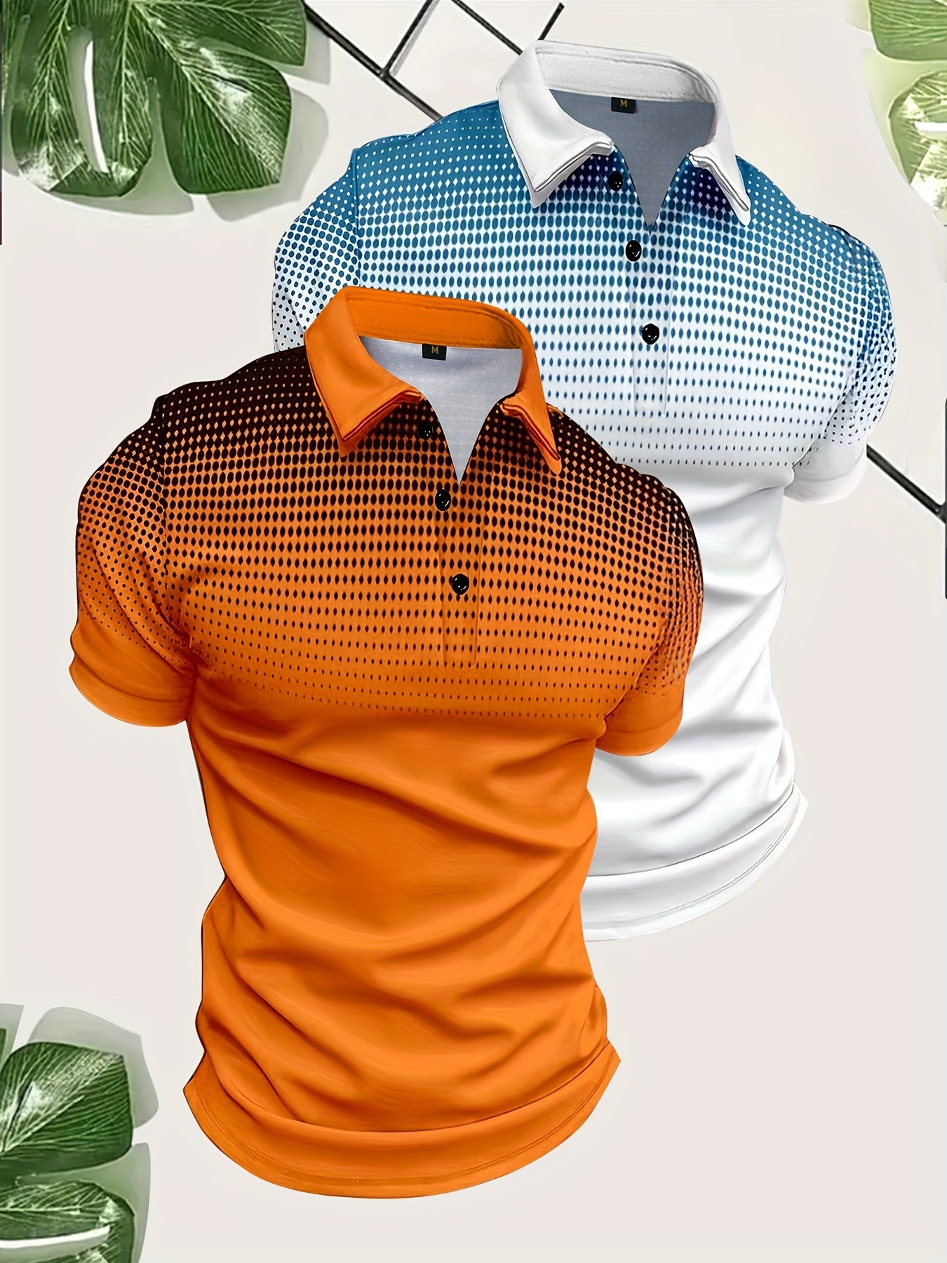 2pcs Men's Gradient Pattern Print Short Sleeve Lapel Golf Shirts, Casual Style Slight Stretch Regular Fit Summer Tops, Summer Golf Shirts