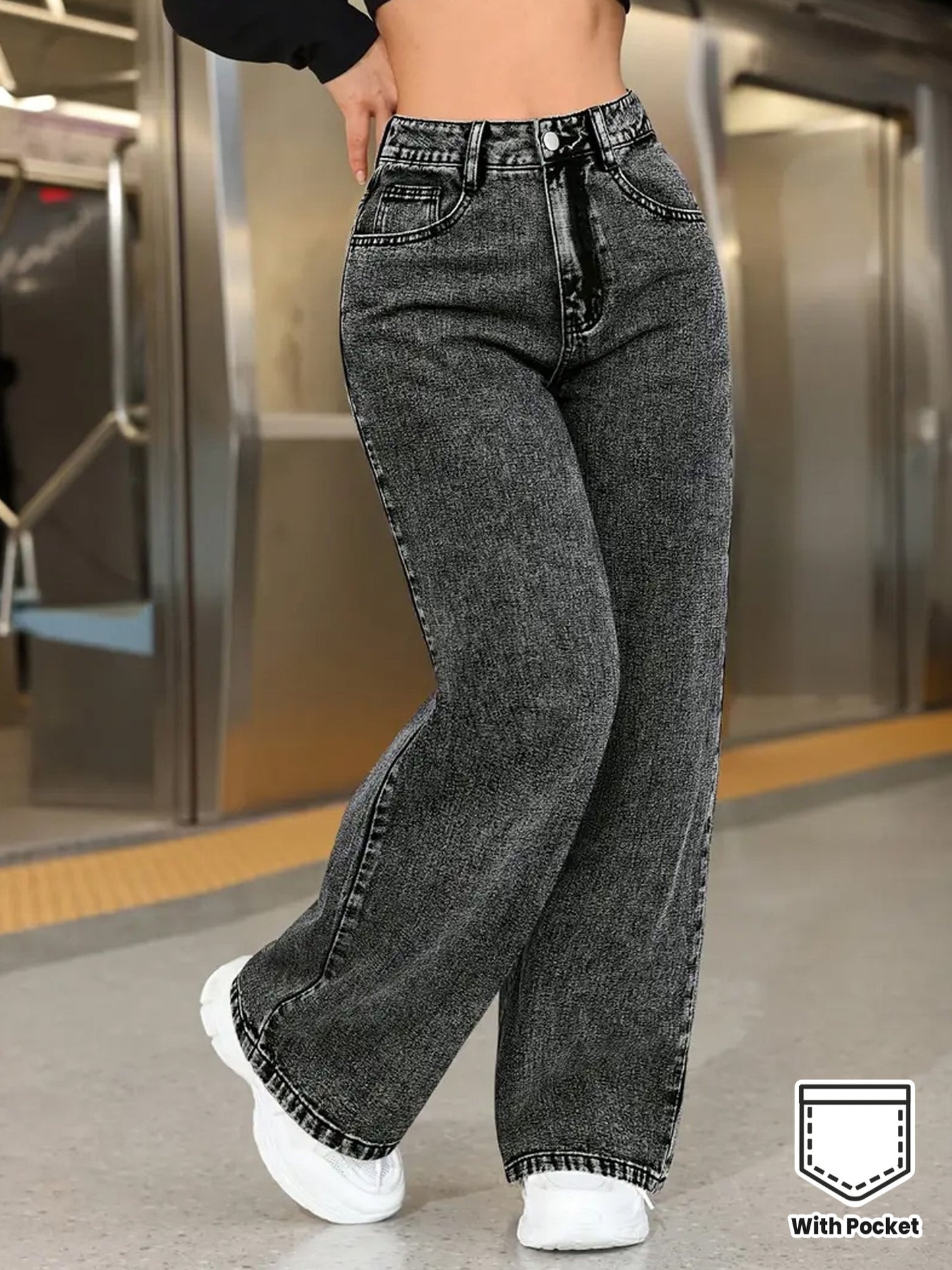 Jeans Femme Taille Haute Jambe Droite Extensible Confort Classique Effet Snowflake Élégant Toute Saison Poches Durable