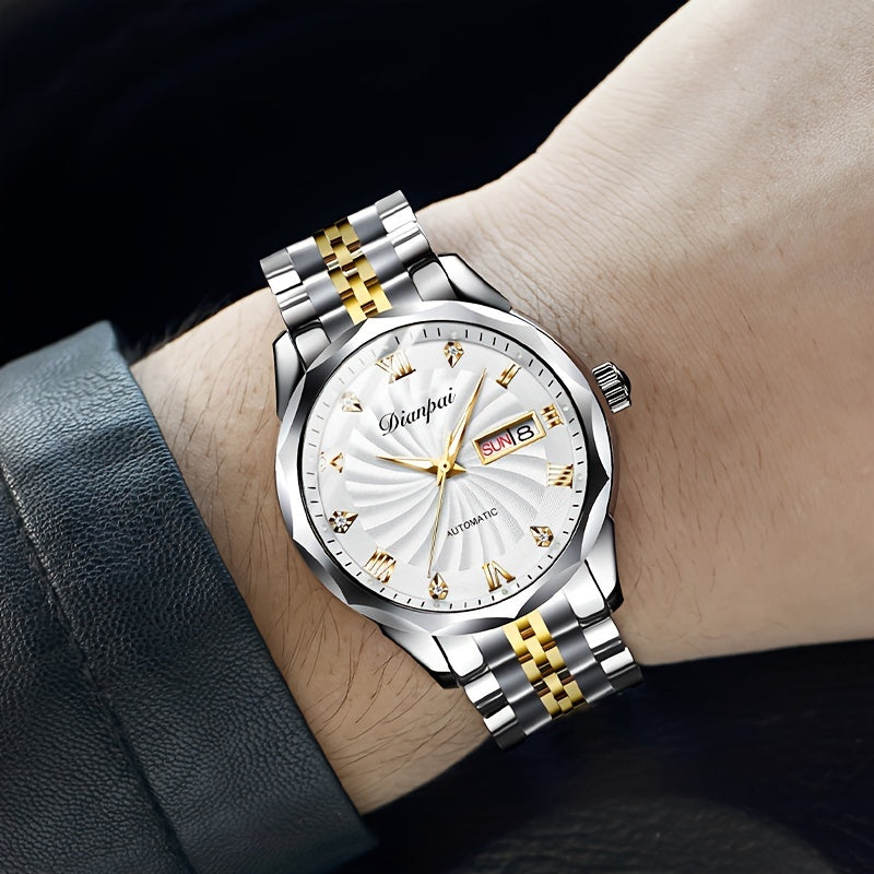 Men's Automatic Mechanical Watch with Luminous Dial, Waterproof, Roman Numerals & Date/Day Display, Golden-Tone Steel Band, Accents - Fashionable Dress Watch for Everyday & Formal Wear, Bling Watch, Formal Timepiece B