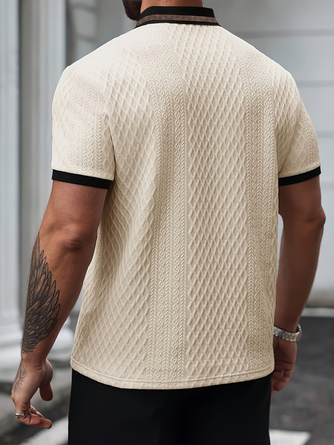 Men'S Shirt - Beige & Black Contrast Collar, Breathable Quick-Dry Fabric for Golf, Office, Casual Outings - Lightweight Summer Shirt with Elegant Collar Design - Formal & Everyday Men'S Clothing, Golf T Shirt, Office Attire,