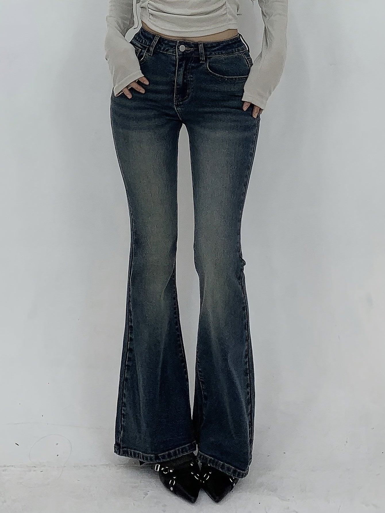 Jeans Femme Sexy Slim-Fit Évasé Extensible Poches Taille Haute Mi-Haute Bleu Clair Printemps/Automne Décontracté