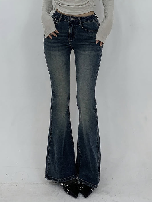 Jeans Femme Sexy Slim-Fit Évasé Extensible Poches Taille Haute Mi-Haute Bleu Clair Printemps/Automne Décontracté