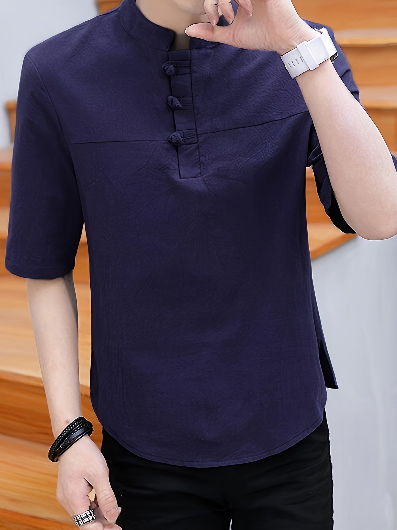 Men's Pure Cotton Chinese Style Stand Collar Top Summer Short Sleeve T-Shirt High End New Traditional