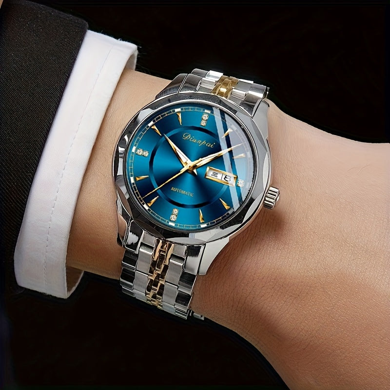 Montre Mécanique Automatique Homme – Acier Inoxydable, Grand Cadran avec Aiguilles Dorées, Chronographe de Luxe avec Calendrier & Affichage de la Semaine, Marqueurs Lumineux, Étanche 30 m – Idée Cadeau pour Homme (Fête des Pères, Anniversaire)