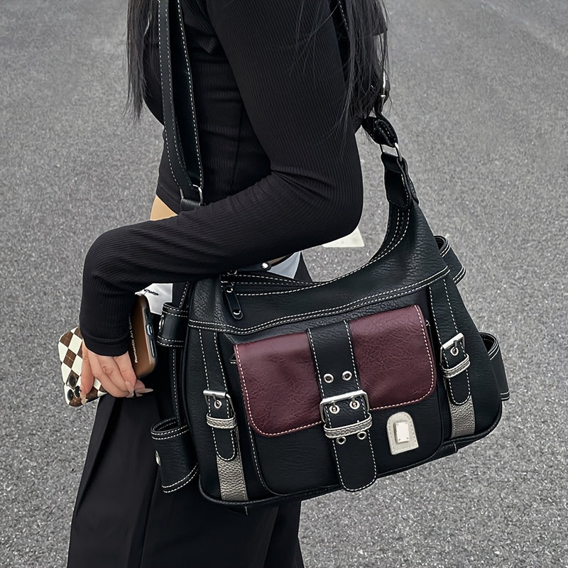 Sac tote rétro urbain pour femmes – Noir, bandoulière réglable, poches zippées