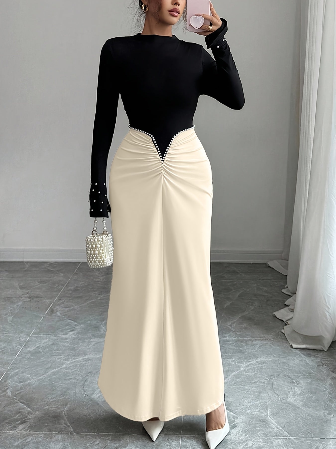 Women's Winter Long Evening Gown with Pearl & Color-Block Collar - Long Sleeve A-Line Dress Suitable for Christmas, New Year's Eve, Weddings, Proms - Elegant Party & Commuting Attire - Machine Washable High Elasticity Dress