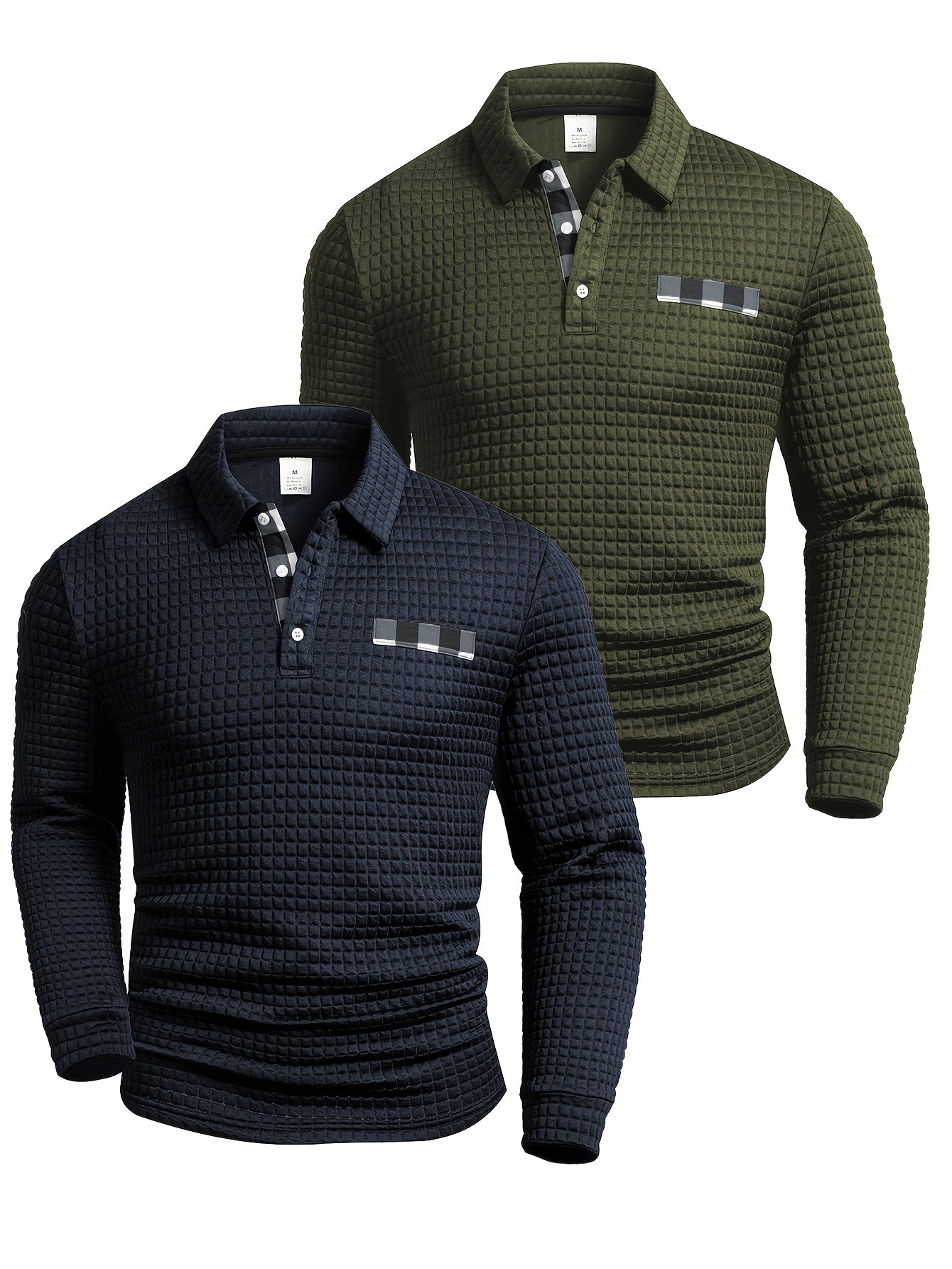 Two Long-Sleeve Polo Shirts with a Digital Print Fabric Featuring a Random Check Pattern, Non-Positioned Plaid Design, Square Check Texture Fabric, Stylish Casual Wear for Everyday Outfits.
