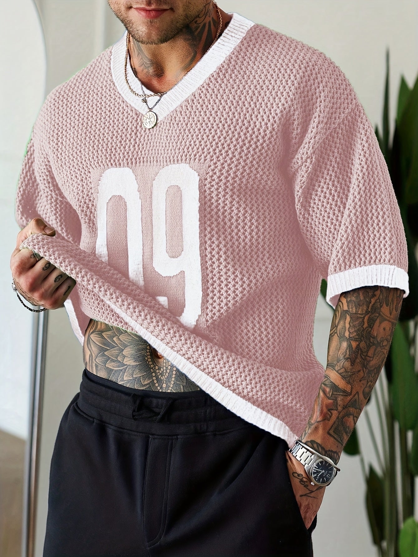 Men's Street Style Contrast Color V-Neck Numeral Print Raglan Knitted Pullover Men Jersey Knit Top Men Men Vacation Men Knit Tops Men Jersey