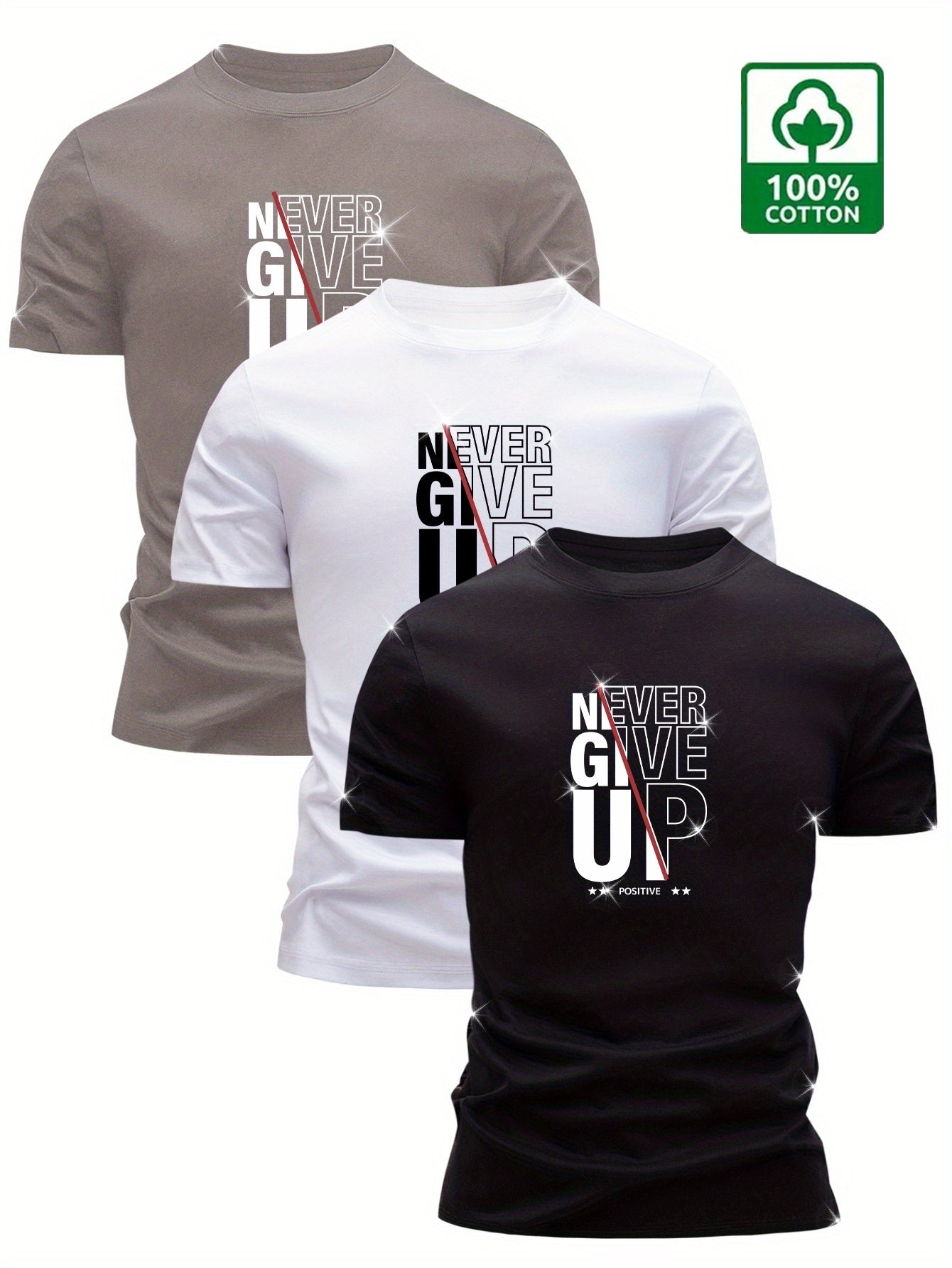 3pcs Men's 100% Slim Fit T-Shirts - Never Give Up Motivational Lettering Print, Breathable Summer Tees with Bold White & Black Lettering, Gym & Everyday Casual Wear, White/Gray/Black with Red Accent - Motivational Apparel for